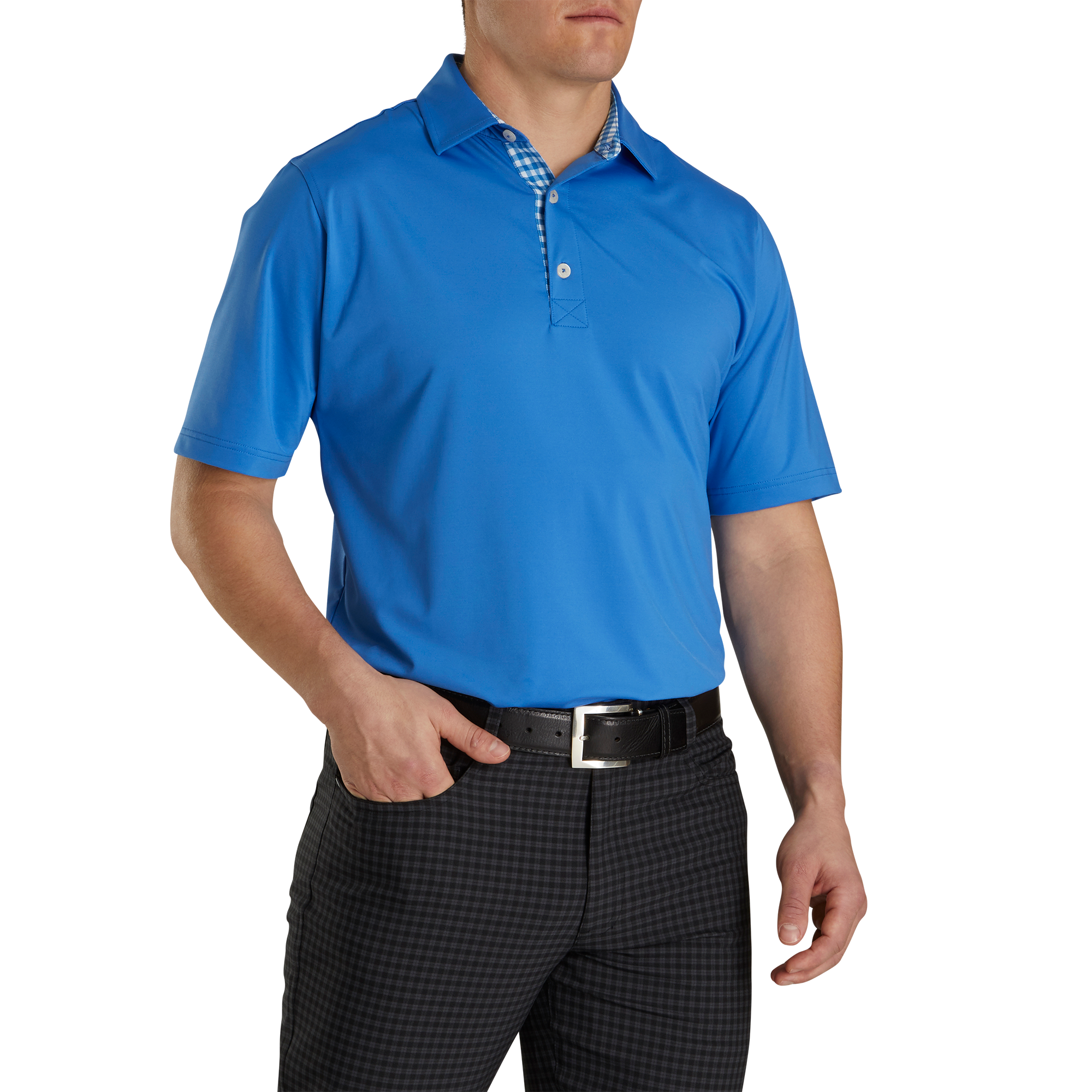 Athletic Fit Lisle Solid Gingham Trim Self Collar